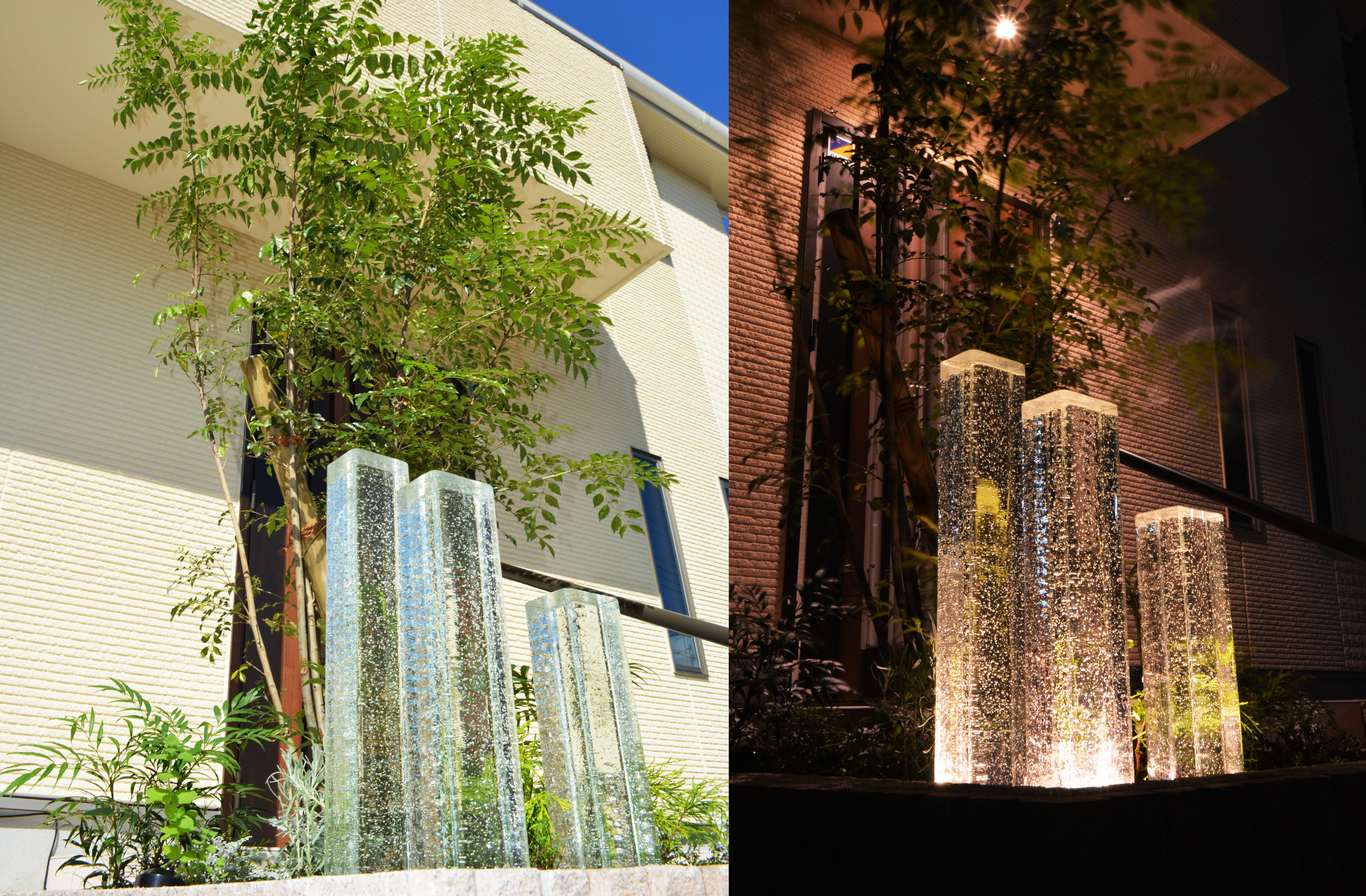 照明　エクステリア　ガラス　庭のリフォーム　ガラスライト　屋外の大阪府の施工実例です。