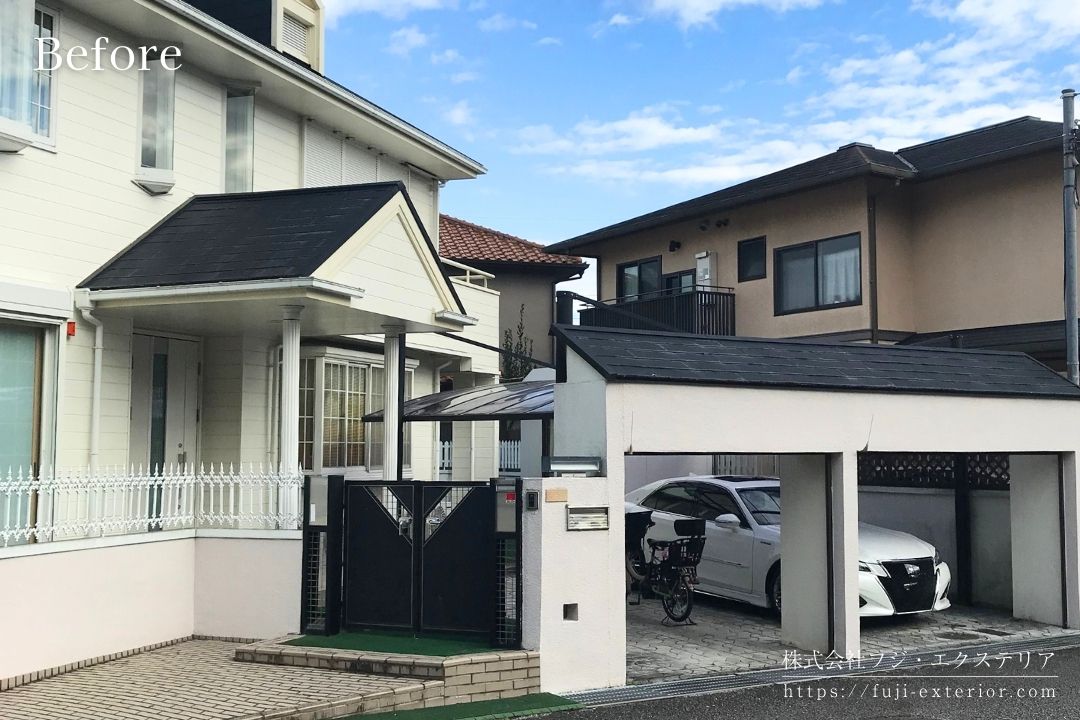 阪神間の閑静な住宅地にある角地の邸宅。過去にも何度か外構リフォーム工事をされており、今回はガレージ、門廻り、アプローチのご依頼を頂きました。機能性や家とのバランスを改善されたいとのことでした。