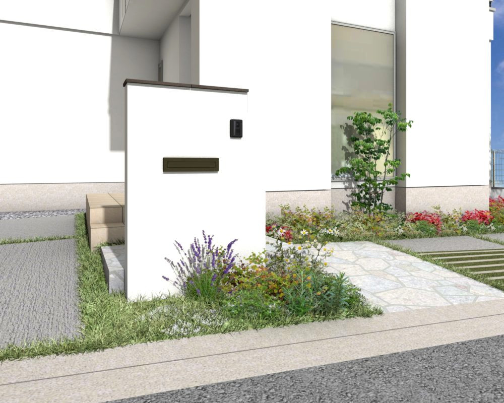 T様 タイルテラスと芝生の庭があるオープン外構 イメージパース 大阪 豊中市の造園 外構 エクステリアのフジ エクステリア