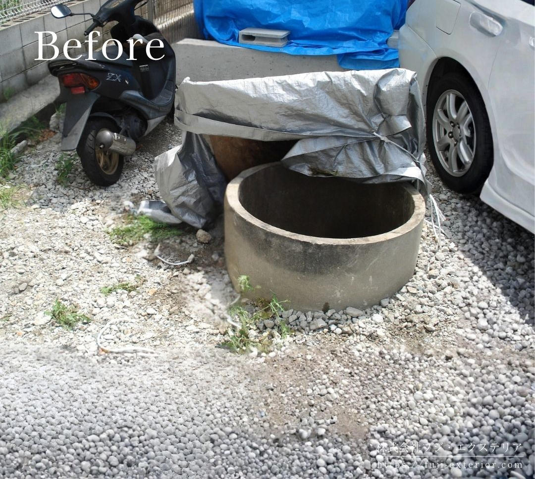 今も使用中の井戸は、土間コンクリートの高さに合わせてカットしてグレーチングを入れ、車が乗っても大丈夫な様に納めました。